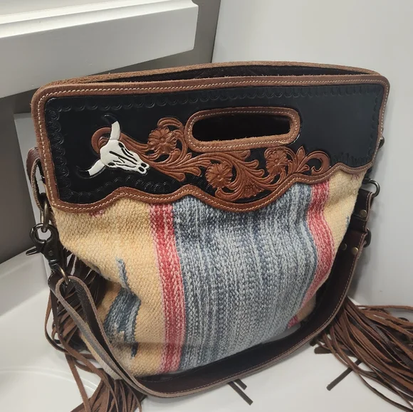 GUC Myra Bag Blue Stream Hand Tooled Fringe Crossbody Hand Carry Bag, Gorgeous - Picture 15 of 16